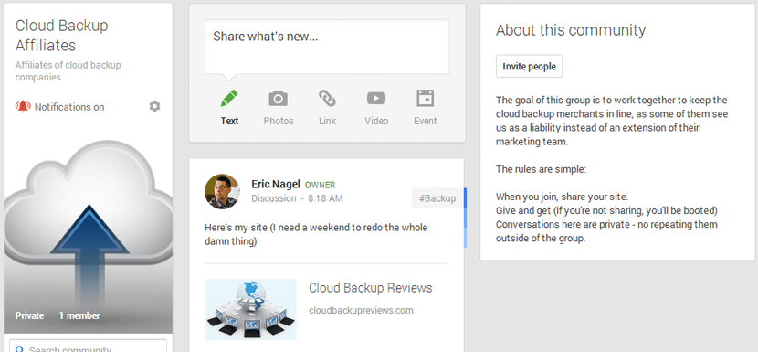 Google+ Cloud Backup Affiliates Private Community